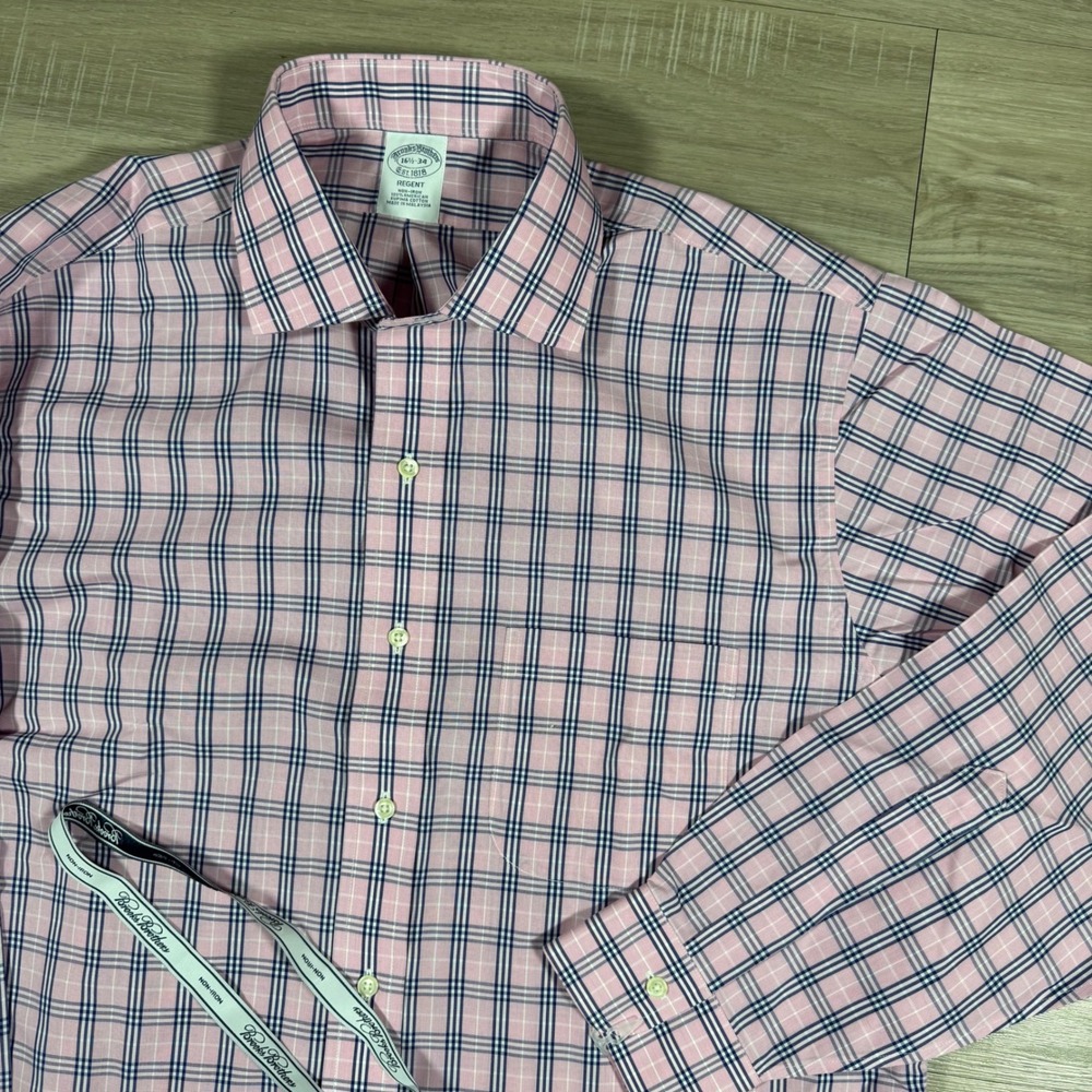 Brooks Brothers Regent Fit Pink Windowpane Plaid Button Down Shirt Men 16 1/2 34